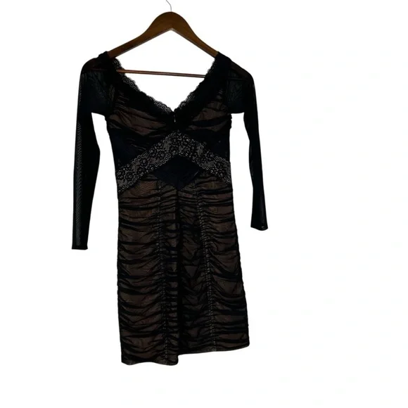 Self-Portrait Black Mesh Long Sleeve Dress SZ 4 - Picture 6 of 9